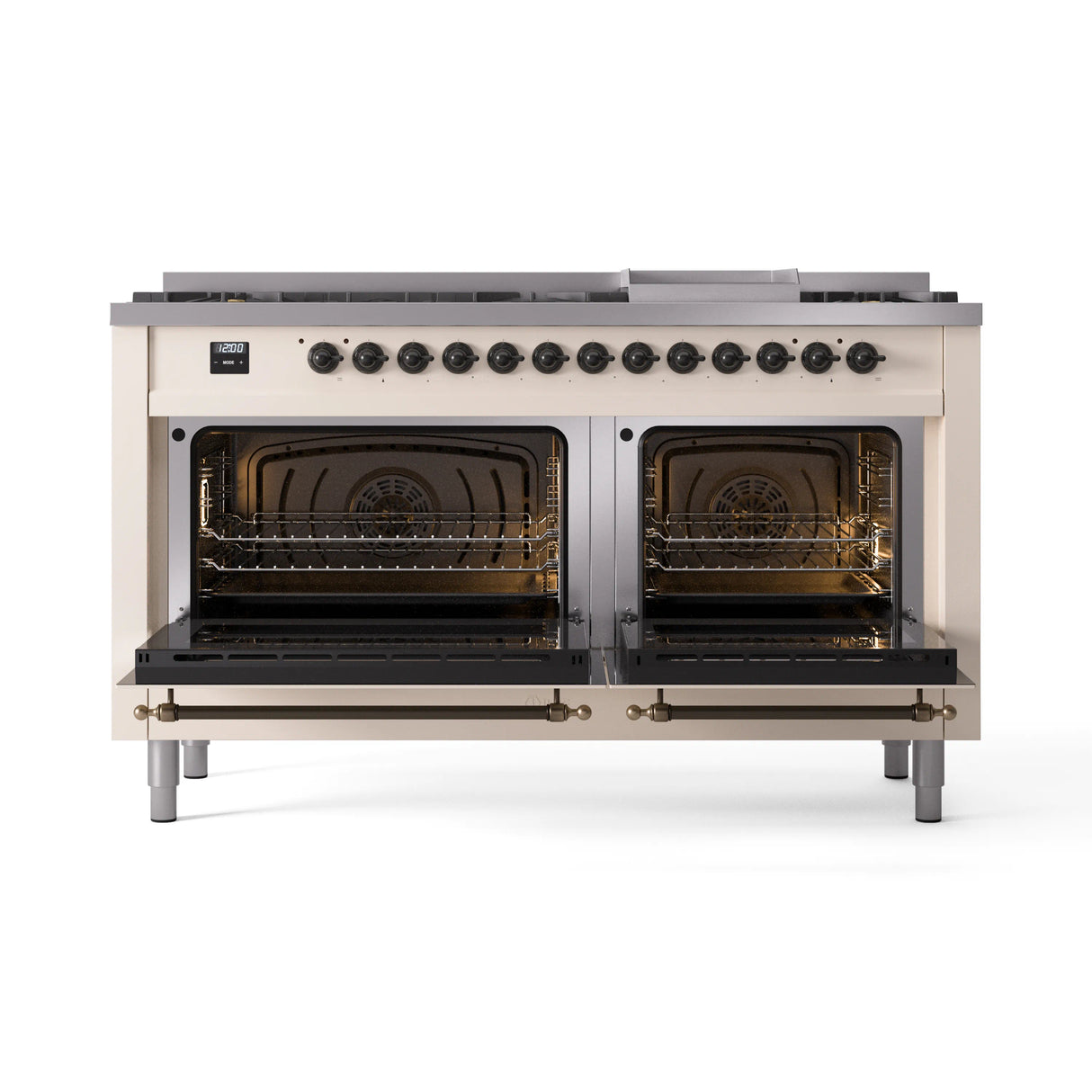 ILVE 60-Inch Nostalgie II Natural Gas Dual Fuel Range with 9 Burners, Griddle and Triple Glass Door Oven in Antique White with Bronze Trim (UP60FNMPAWB)
