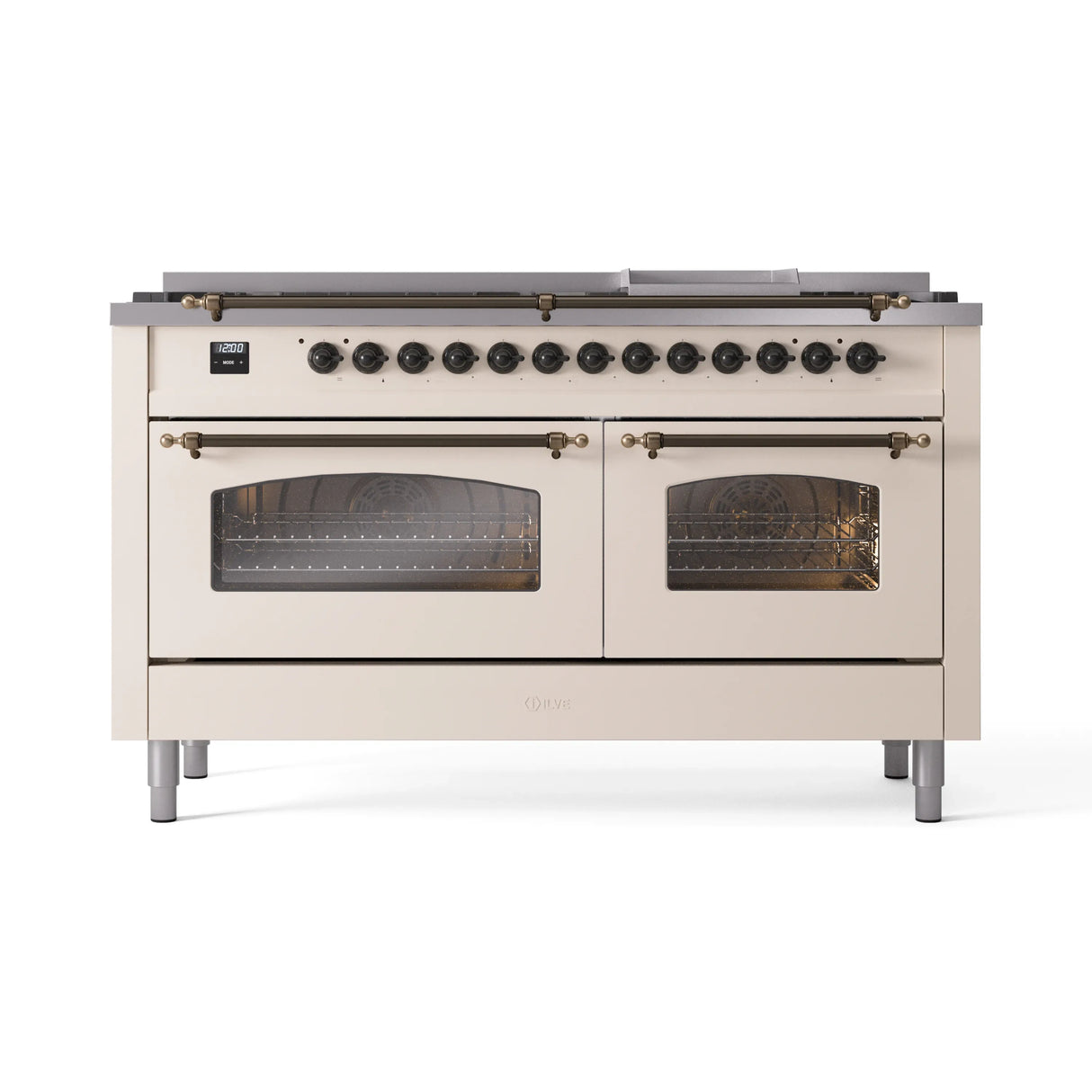 ILVE 60-Inch Nostalgie II Natural Gas Dual Fuel Range with 9 Burners, Griddle and Triple Glass Door Oven in Antique White with Bronze Trim (UP60FNMPAWB)