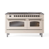 ILVE 60-Inch Nostalgie II Natural Gas Dual Fuel Range with 9 Burners, Griddle and Triple Glass Door Oven in Antique White with Bronze Trim (UP60FNMPAWB)