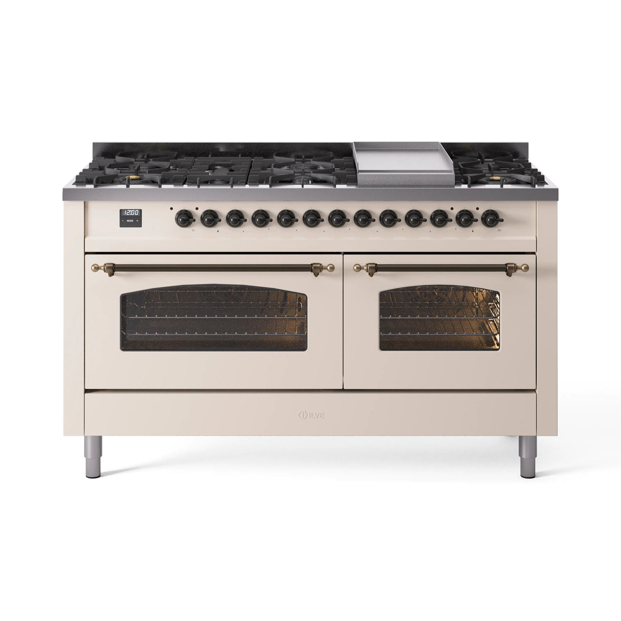 ILVE 60-Inch Nostalgie II Natural Gas Dual Fuel Range with 9 Burners, Griddle and Triple Glass Door Oven in Antique White with Bronze Trim (UP60FNMPAWB)