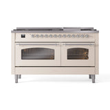 ILVE 60-Inch Nostalgie II Natural Gas Dual Fuel Range with 9 Burners, Griddle and Triple Glass Door Oven in Antique White with Chrome Trim (UP60FNMPAWC)
