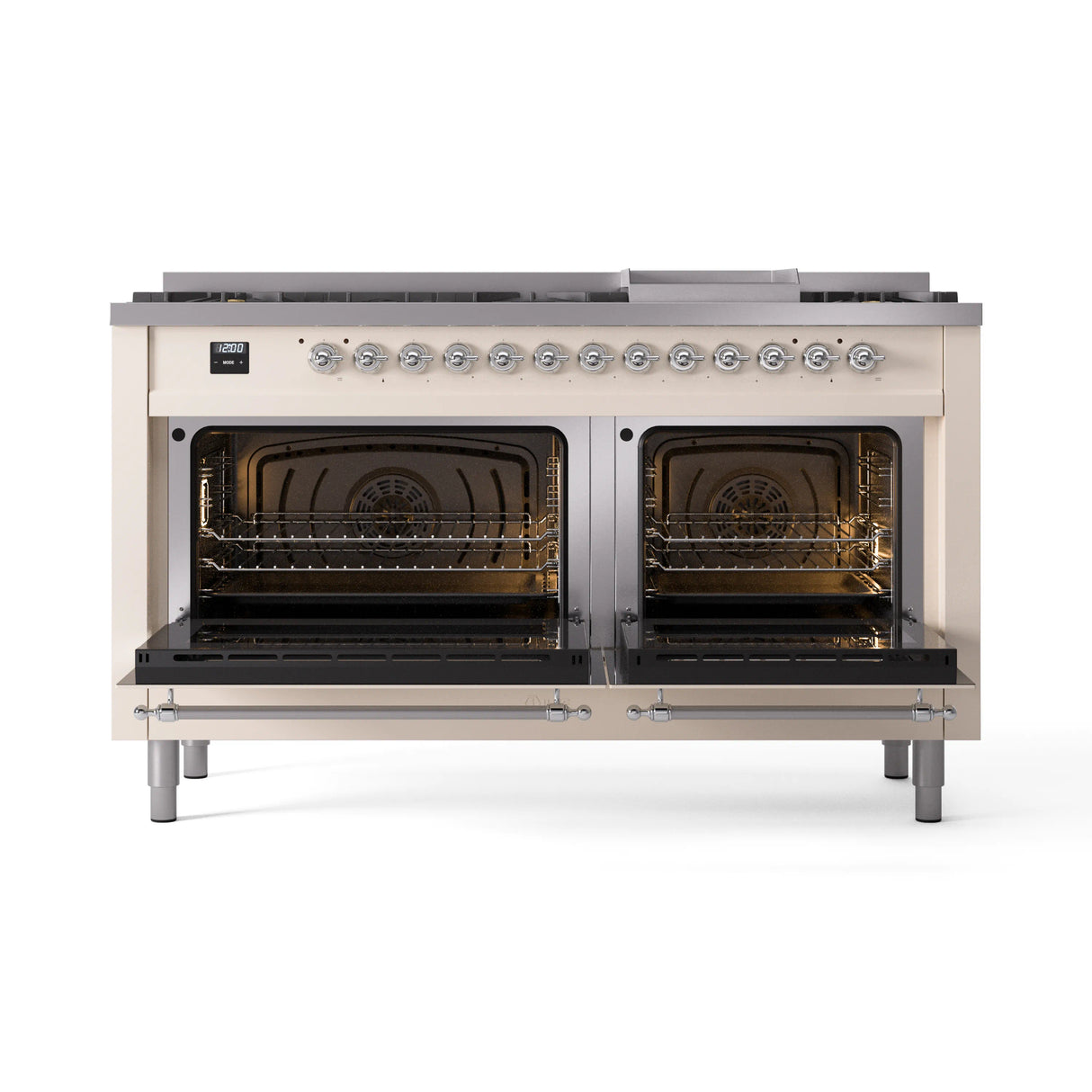 ILVE 60-Inch Nostalgie II Natural Gas Dual Fuel Range with 9 Burners, Griddle and Triple Glass Door Oven in Antique White with Chrome Trim (UP60FNMPAWC)