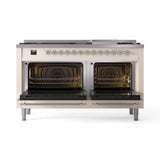 ILVE 60-Inch Nostalgie II Natural Gas Dual Fuel Range with 9 Burners, Griddle and Triple Glass Door Oven in Antique White with Chrome Trim (UP60FNMPAWC)
