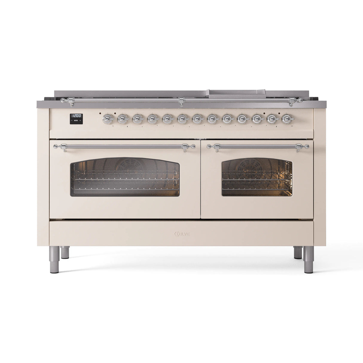 ILVE 60-Inch Nostalgie II Natural Gas Dual Fuel Range with 9 Burners, Griddle and Triple Glass Door Oven in Antique White with Chrome Trim (UP60FNMPAWC)