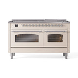 ILVE 60-Inch Nostalgie II Natural Gas Dual Fuel Range with 9 Burners, Griddle and Triple Glass Door Oven in Antique White with Chrome Trim (UP60FNMPAWC)