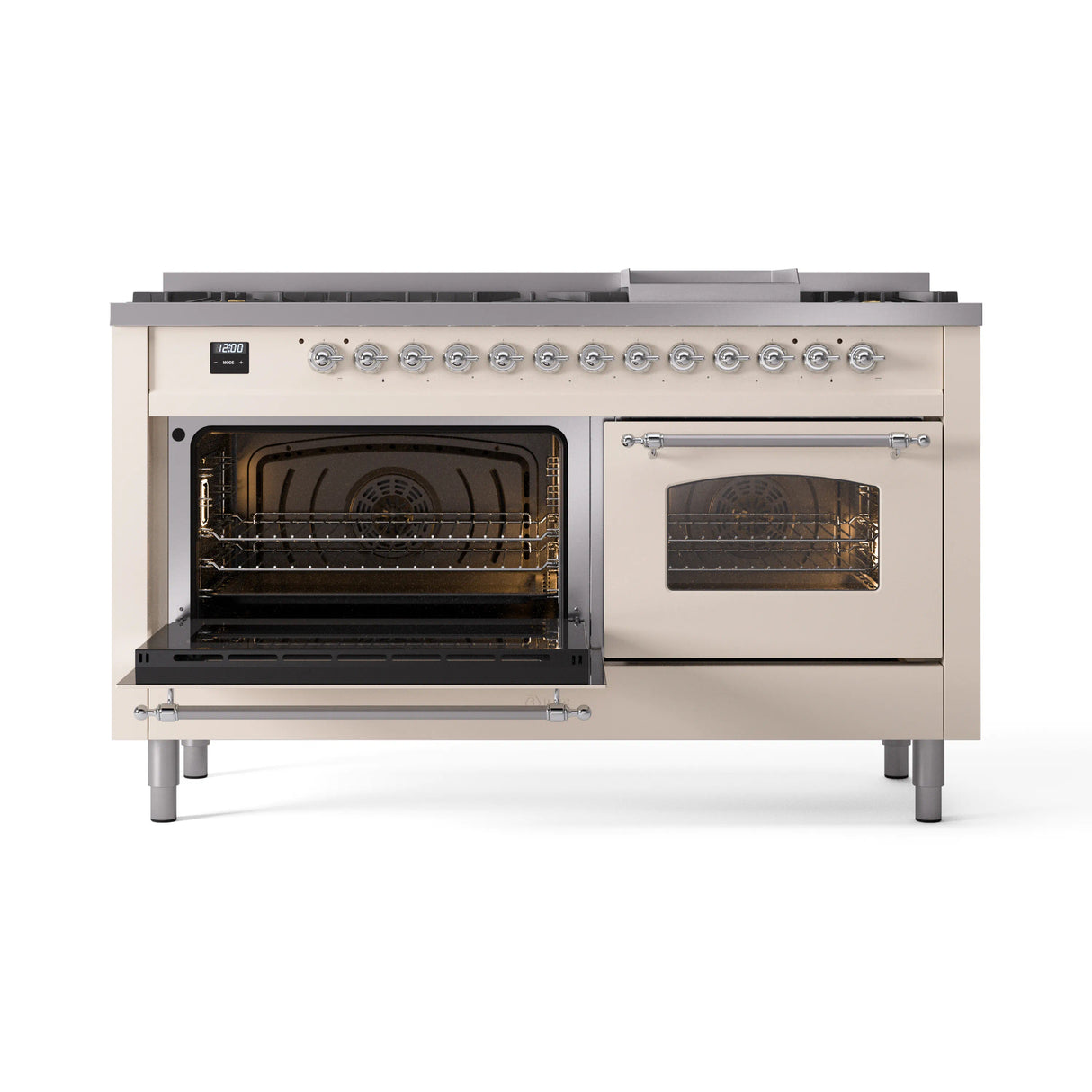 ILVE 60-Inch Nostalgie II Natural Gas Dual Fuel Range with 9 Burners, Griddle and Triple Glass Door Oven in Antique White with Chrome Trim (UP60FNMPAWC)