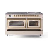ILVE 60-Inch Nostalgie II Noblesse Propane Gas Dual Fuel Range with 9 Sealed Burners, Griddle, Triple Glass Door Oven in Antique White with Brass Trim (UN60FNMPAWGLP)