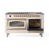 ILVE 60-Inch Nostalgie II Noblesse Propane Gas Dual Fuel Range with 9 Sealed Burners, Griddle, Triple Glass Door Oven in Antique White with Brass Trim (UN60FNMPAWGLP)