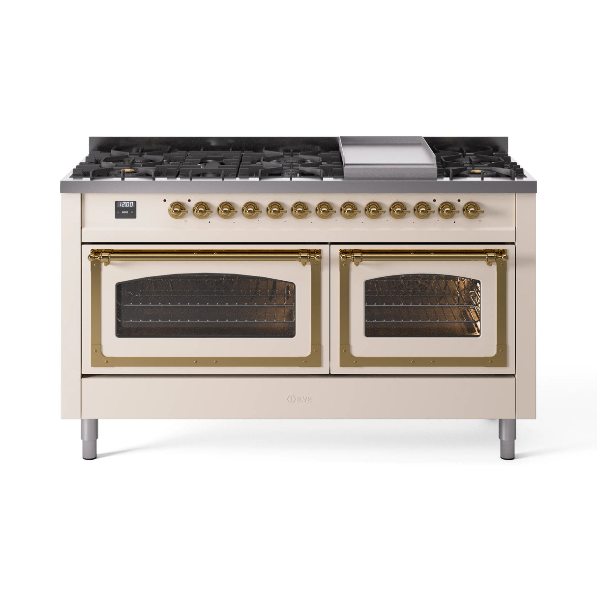 ILVE 60-Inch Nostalgie II Noblesse Propane Gas Dual Fuel Range with 9 Sealed Burners, Griddle, Triple Glass Door Oven in Antique White with Brass Trim (UN60FNMPAWGLP)