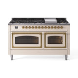 ILVE 60-Inch Nostalgie II Noblesse Propane Gas Dual Fuel Range with 9 Sealed Burners, Griddle, Triple Glass Door Oven in Antique White with Brass Trim (UN60FNMPAWGLP)