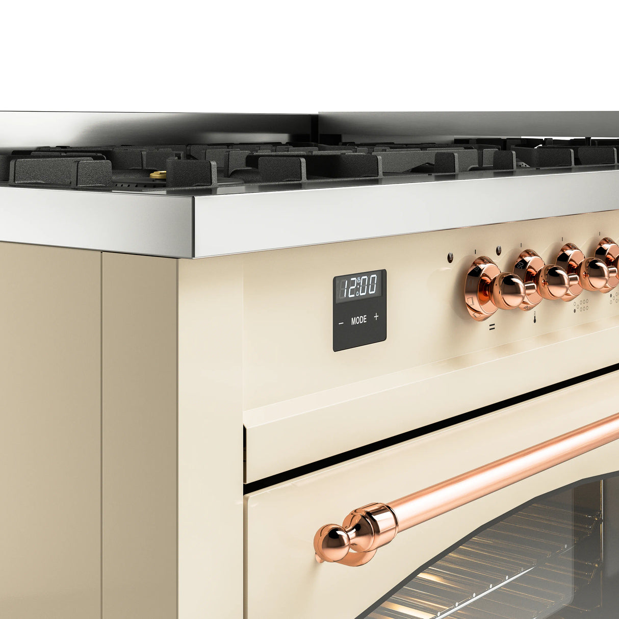 ILVE 60-Inch Nostalgie II Natural Gas Dual Fuel Range with 9 Burners, Griddle and Triple Glass Door Oven in Antique White with Copper Trim (UP60FNMPAWP)