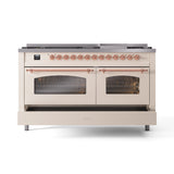 ILVE 60-Inch Nostalgie II Natural Gas Dual Fuel Range with 9 Burners, Griddle and Triple Glass Door Oven in Antique White with Copper Trim (UP60FNMPAWP)