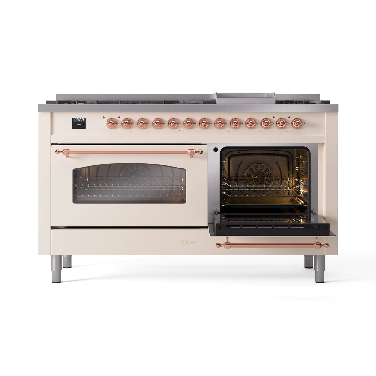 ILVE 60-Inch Nostalgie II Natural Gas Dual Fuel Range with 9 Burners, Griddle and Triple Glass Door Oven in Antique White with Copper Trim (UP60FNMPAWP)