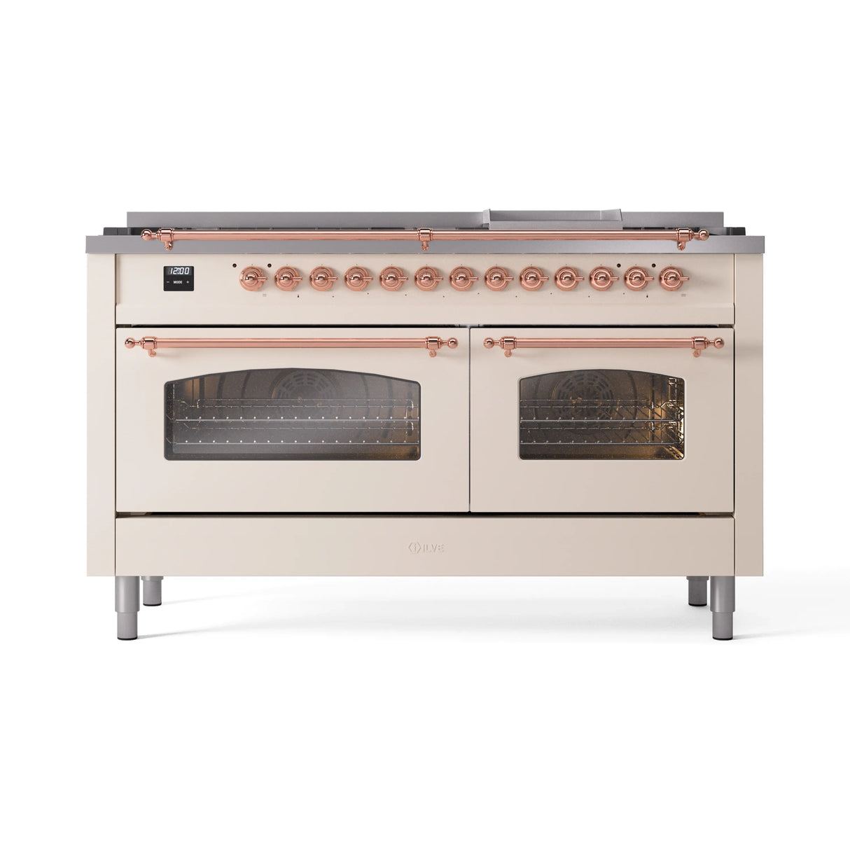 ILVE 60-Inch Nostalgie II Natural Gas Dual Fuel Range with 9 Burners, Griddle and Triple Glass Door Oven in Antique White with Copper Trim (UP60FNMPAWP)