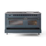 ILVE 60-Inch Nostalgie II Propane Gas Dual Fuel Range with 9 Burners, Griddle and Triple Glass Door Oven in Blue Grey with Bronze Trim (UP60FNMPBGBLP)