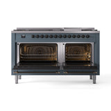 ILVE 60-Inch Nostalgie II Propane Gas Dual Fuel Range with 9 Burners, Griddle and Triple Glass Door Oven in Blue Grey with Bronze Trim (UP60FNMPBGBLP)