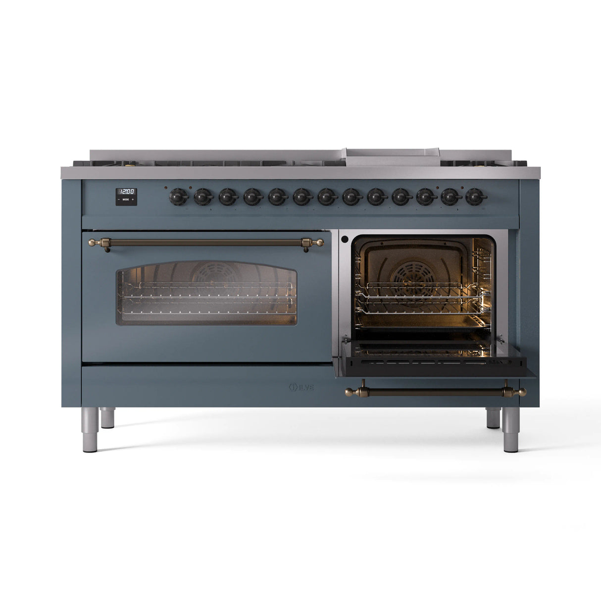 ILVE 60-Inch Nostalgie II Propane Gas Dual Fuel Range with 9 Burners, Griddle and Triple Glass Door Oven in Blue Grey with Bronze Trim (UP60FNMPBGBLP)