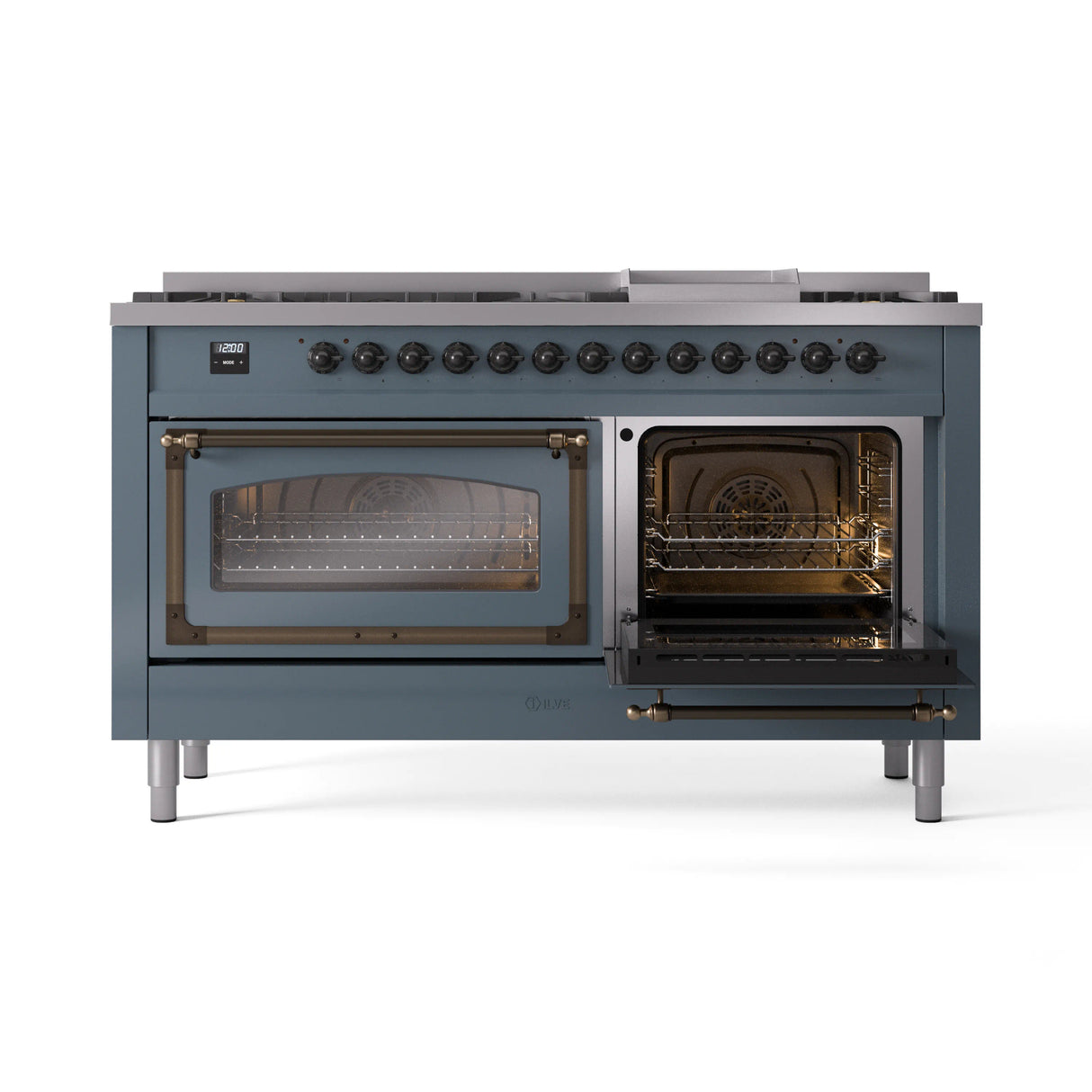 ILVE 60-Inch Nostalgie II Noblesse Natural Gas Dual Fuel Range   in Blue Grey with Bronze Trim (UN60FNMPBGB)