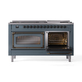 ILVE 60-Inch Nostalgie II Noblesse Propane Gas Dual Fuel Range with 9 Sealed Burners, Griddle, Triple Glass Door Oven in Blue Grey with Bronze Trim (UN60FNMPBGBLP)