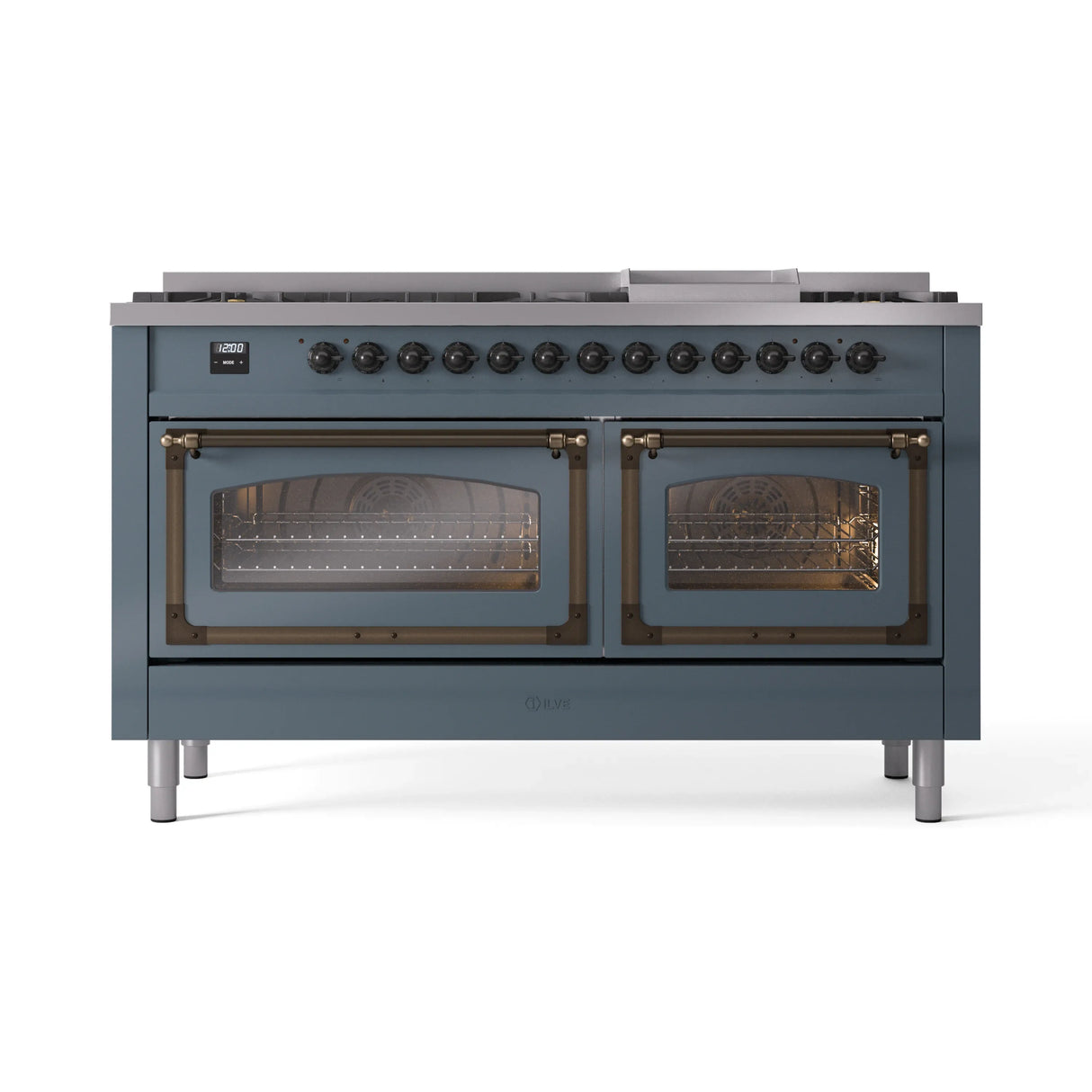 ILVE 60-Inch Nostalgie II Noblesse Propane Gas Dual Fuel Range with 9 Sealed Burners, Griddle, Triple Glass Door Oven in Blue Grey with Bronze Trim (UN60FNMPBGBLP)