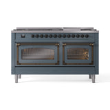 ILVE 60-Inch Nostalgie II Noblesse Propane Gas Dual Fuel Range with 9 Sealed Burners, Griddle, Triple Glass Door Oven in Blue Grey with Bronze Trim (UN60FNMPBGBLP)