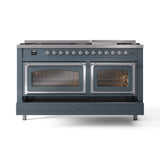 ILVE 60-Inch Nostalgie II Noblesse Propane Gas Dual Fuel Range with 9 Sealed Burners, Griddle, Triple Glass Door Oven in Blue Grey with Chrome Trim (UN60FNMPBGCLP)