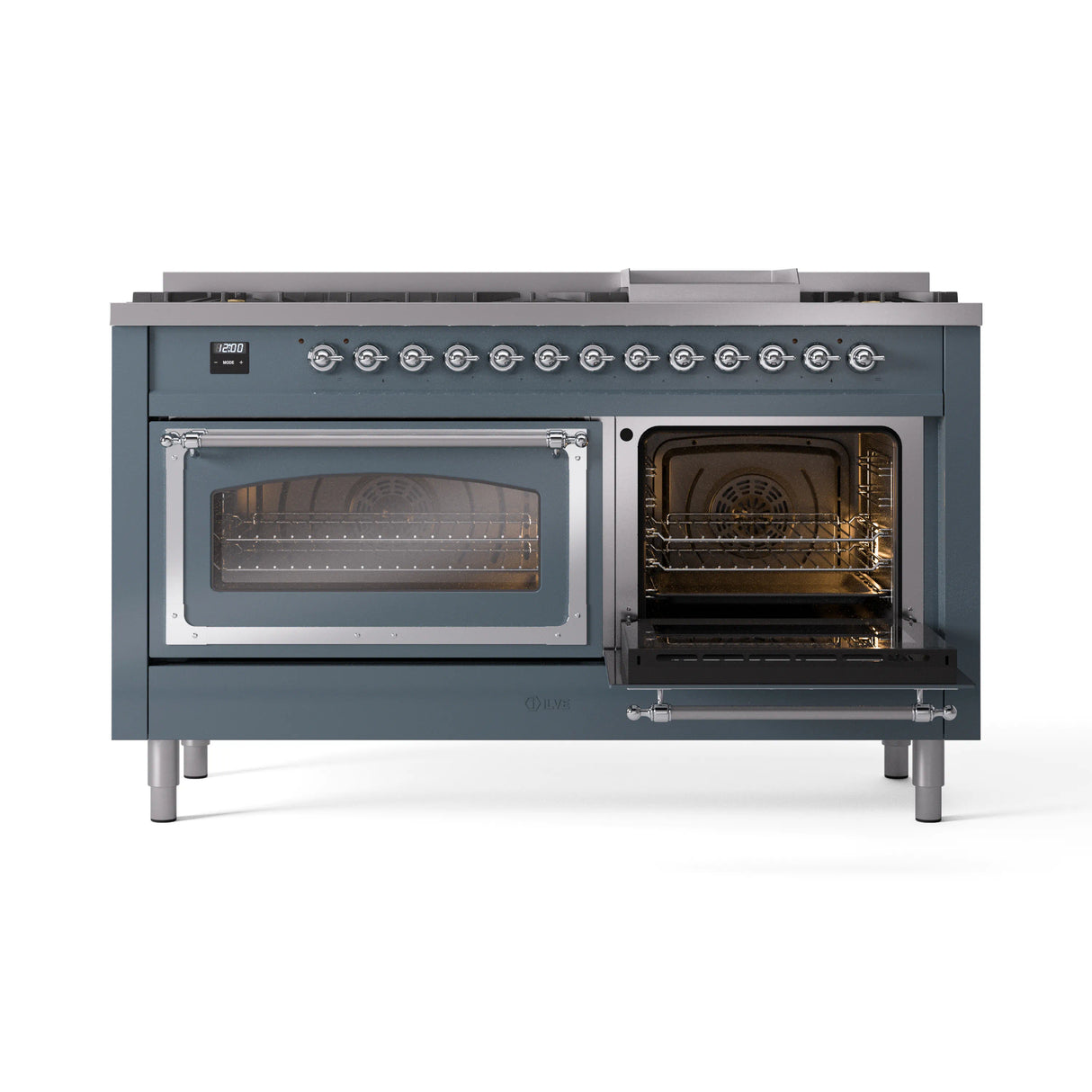 ILVE 60-Inch Nostalgie II Noblesse Propane Gas Dual Fuel Range with 9 Sealed Burners, Griddle, Triple Glass Door Oven in Blue Grey with Chrome Trim (UN60FNMPBGCLP)