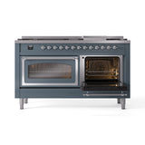 ILVE 60-Inch Nostalgie II Noblesse Propane Gas Dual Fuel Range with 9 Sealed Burners, Griddle, Triple Glass Door Oven in Blue Grey with Chrome Trim (UN60FNMPBGCLP)