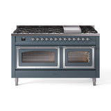 ILVE 60-Inch Nostalgie II Noblesse Propane Gas Dual Fuel Range with 9 Sealed Burners, Griddle, Triple Glass Door Oven in Blue Grey with Chrome Trim (UN60FNMPBGCLP)