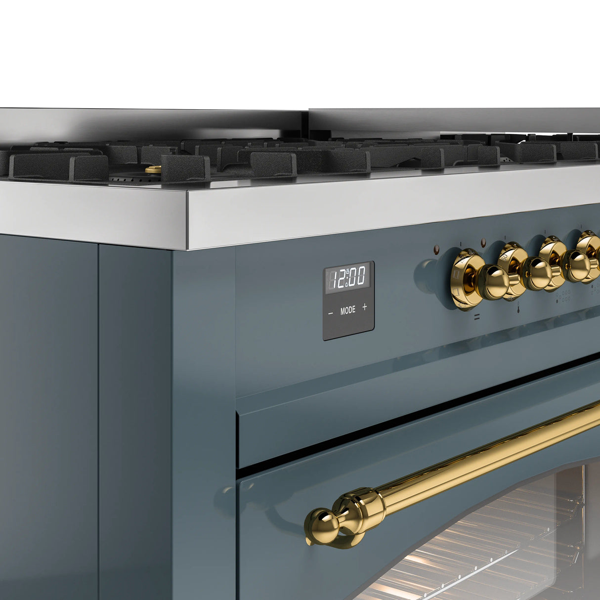 ILVE Nostalgie II 60-Inch Freestanding Natural Gas Dual Fuel Range in Blue Grey with Brass Trim (UP60FNMPBGG)