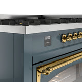 ILVE 60-Inch Nostalgie II Noblesse Dual Fuel Range with 9 Sealed Burners, Griddle, Triple Glass Door Oven in Blue Grey with Brass Trim (UN60FNMPBGG)
