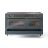 ILVE Nostalgie II 60-Inch Freestanding Natural Gas Dual Fuel Range in Blue Grey with Brass Trim (UP60FNMPBGG)