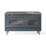 ILVE Nostalgie II 60-Inch Freestanding Natural Gas Dual Fuel Range in Blue Grey with Brass Trim (UP60FNMPBGG)