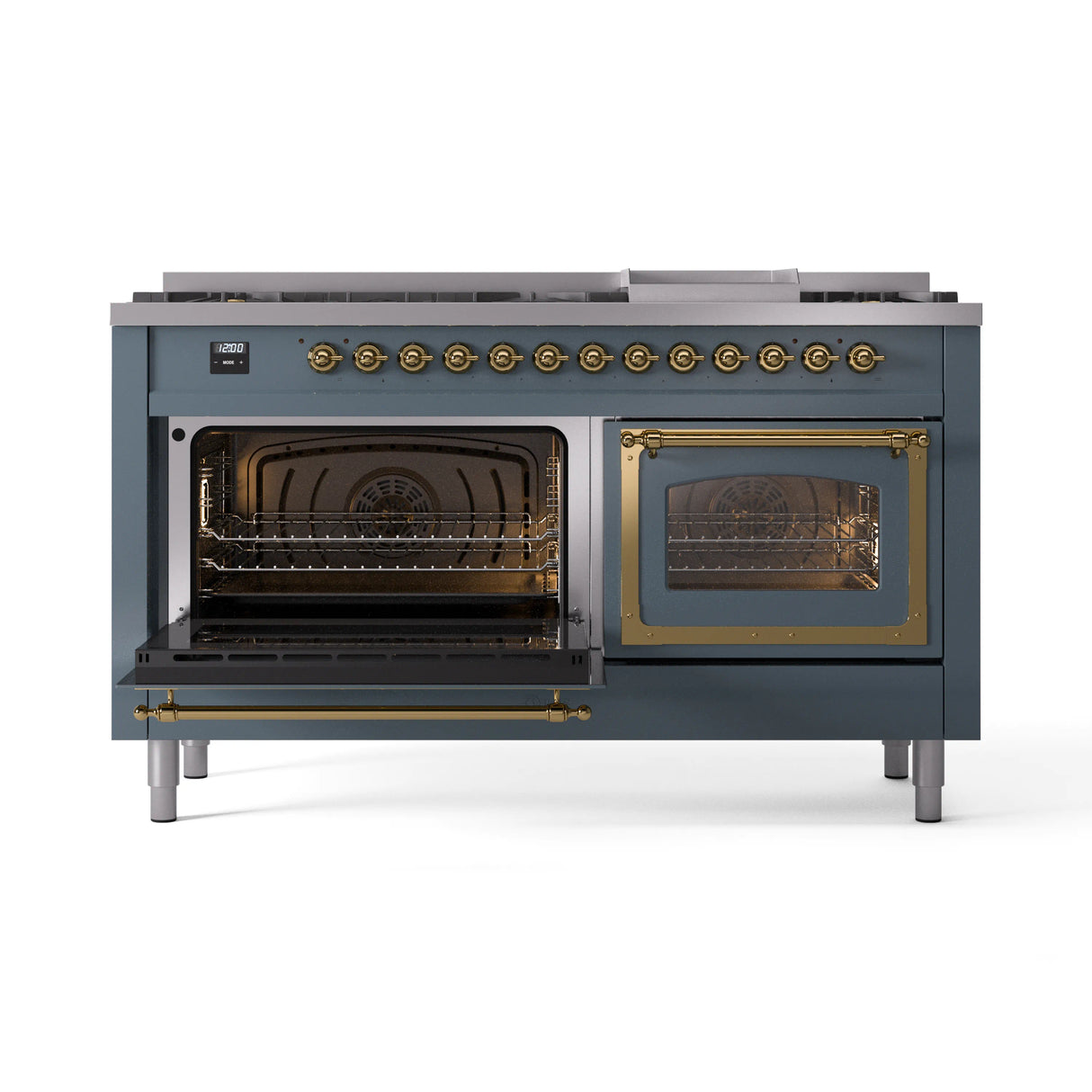 ILVE 60-Inch Nostalgie II Noblesse Dual Fuel Range with 9 Sealed Burners, Griddle, Triple Glass Door Oven in Blue Grey with Brass Trim (UN60FNMPBGG)