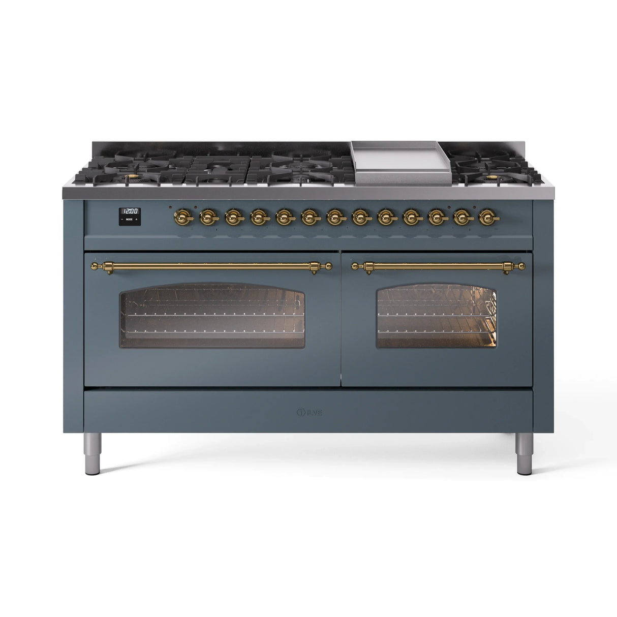 ILVE Nostalgie II 60-Inch Freestanding Natural Gas Dual Fuel Range in Blue Grey with Brass Trim (UP60FNMPBGG)