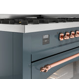 ILVE 60-Inch Nostalgie II Natural Gas Dual Fuel Range with 9 Burners, Griddle and Triple Glass Door Oven in Blue Grey with Copper Trim (UP60FNMPBGP)