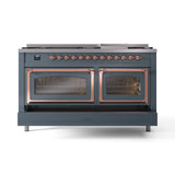 ILVE 60-Inch Nostalgie II Noblesse Propane Gas Dual Fuel Range with 9 Sealed Burners, Griddle, Triple Glass Door Oven in Blue Grey with Copper Trim (UN60FNMPBGPLP)