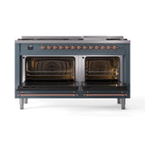 ILVE 60-Inch Nostalgie II Natural Gas Dual Fuel Range with 9 Burners, Griddle and Triple Glass Door Oven in Blue Grey with Copper Trim (UP60FNMPBGP)