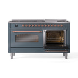 ILVE 60-Inch Nostalgie II Propane Gas Dual Fuel Range with 9 Burners, Griddle and Triple Glass Door Oven in Blue Grey with Copper Trim (UP60FNMPBGPLP)