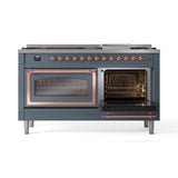 ILVE 60-Inch Nostalgie II Noblesse Propane Gas Dual Fuel Range with 9 Sealed Burners, Griddle, Triple Glass Door Oven in Blue Grey with Copper Trim (UN60FNMPBGPLP)
