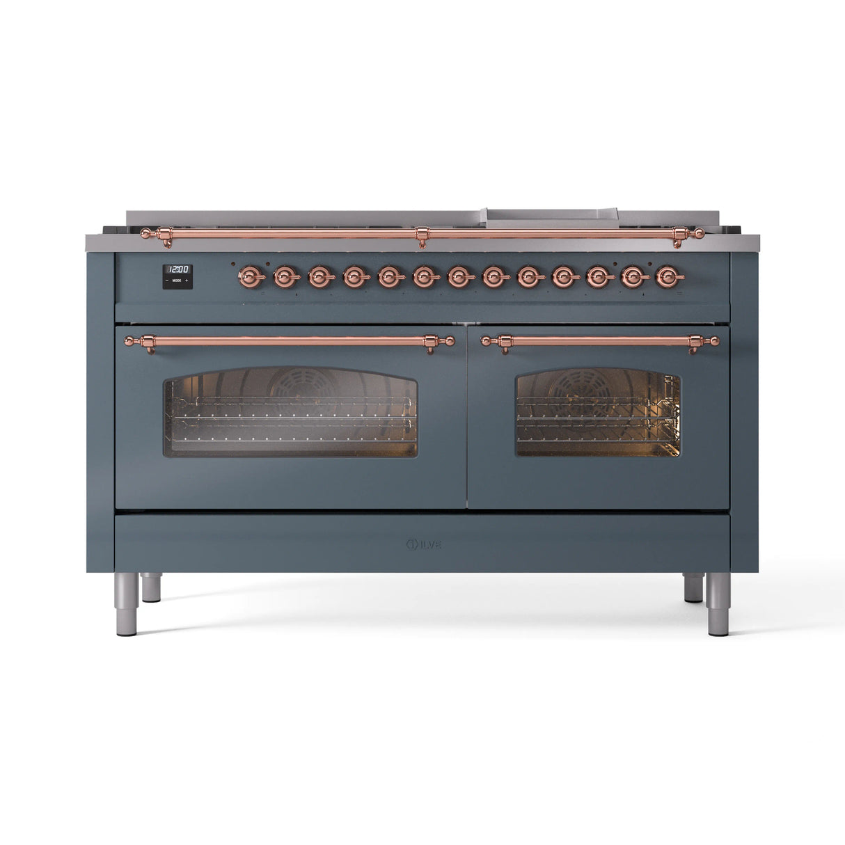 ILVE 60-Inch Nostalgie II Natural Gas Dual Fuel Range with 9 Burners, Griddle and Triple Glass Door Oven in Blue Grey with Copper Trim (UP60FNMPBGP)
