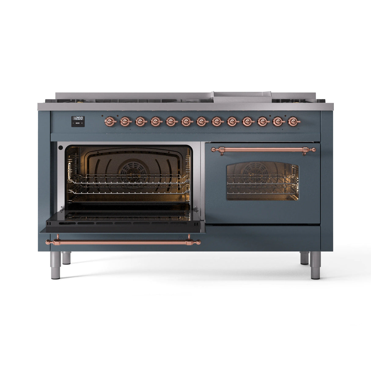 ILVE 60-Inch Nostalgie II Propane Gas Dual Fuel Range with 9 Burners, Griddle and Triple Glass Door Oven in Blue Grey with Copper Trim (UP60FNMPBGPLP)