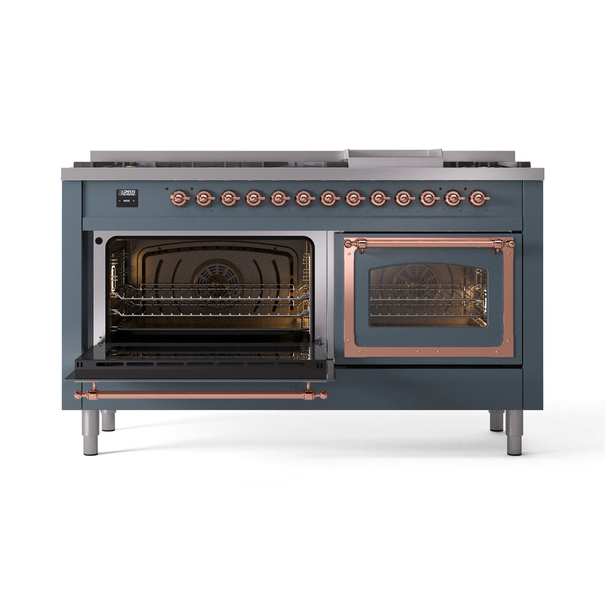 ILVE 60-Inch Nostalgie II Noblesse Propane Gas Dual Fuel Range with 9 Sealed Burners, Griddle, Triple Glass Door Oven in Blue Grey with Copper Trim (UN60FNMPBGPLP)