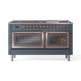 ILVE 60-Inch Nostalgie II Noblesse Propane Gas Dual Fuel Range with 9 Sealed Burners, Griddle, Triple Glass Door Oven in Blue Grey with Copper Trim (UN60FNMPBGPLP)