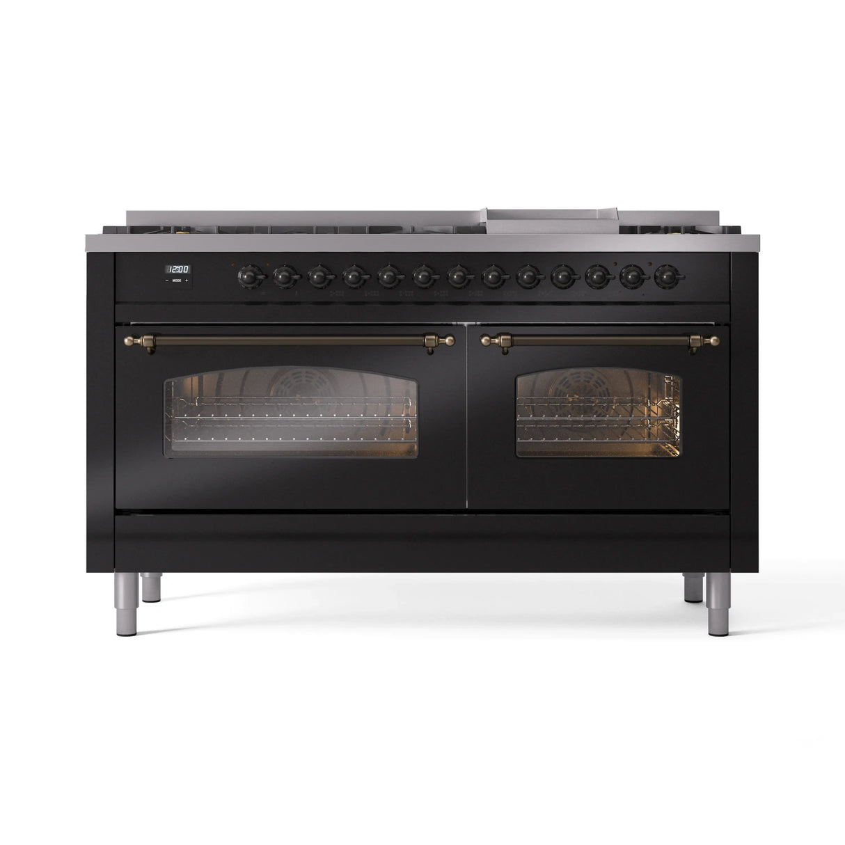 ILVE 60-Inch Nostalgie II Propane Gas Dual Fuel Range with 9 Burners, Griddle and Triple Glass Door Oven in Glossy Black with Bronze Trim (UP60FNMPBKBLP)