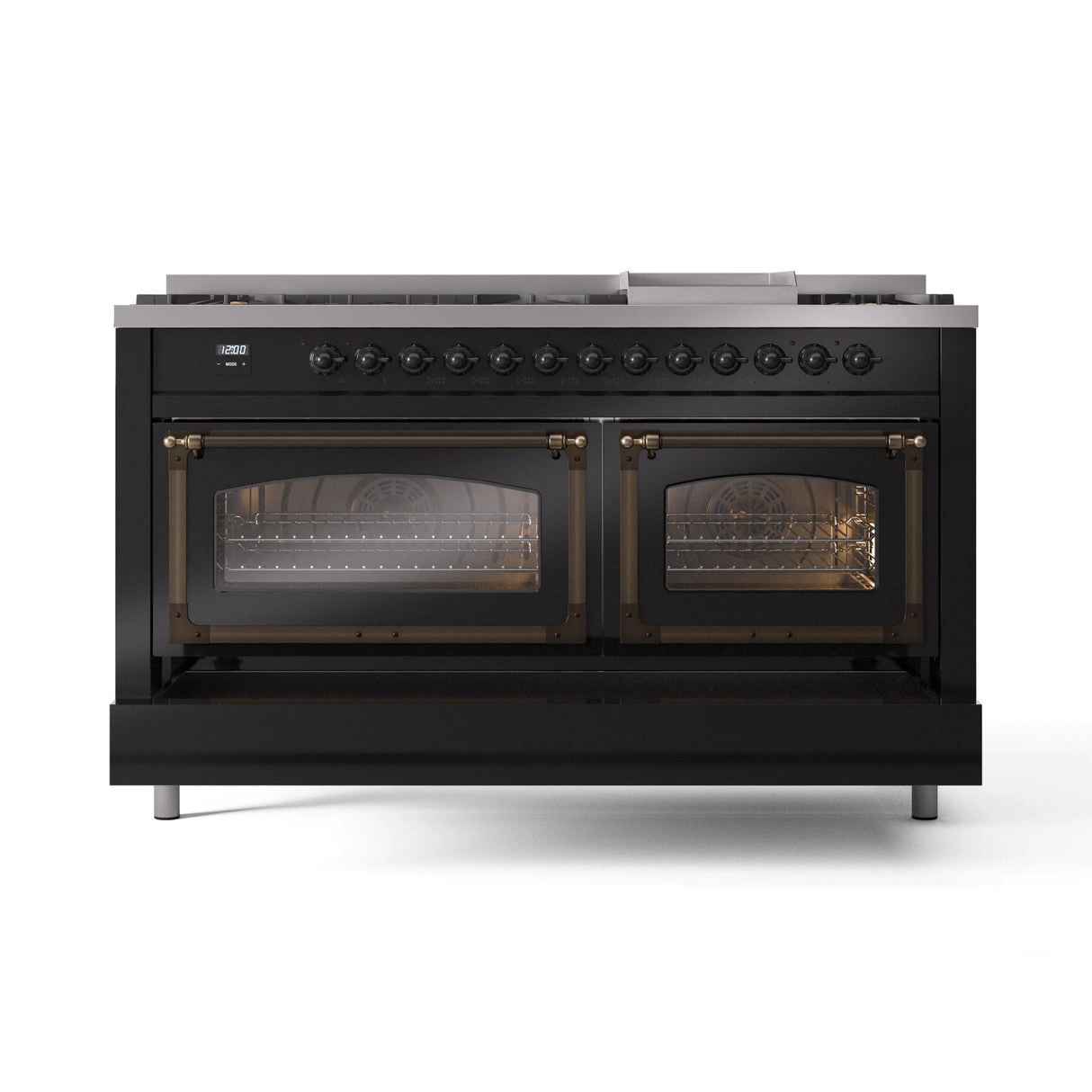 ILVE 60-Inch Nostalgie II Noblesse Propane Gas Dual Fuel Range with 9 Sealed Burners, Griddle, Triple Glass Door Oven in Glossy Black with Bronze Trim (UN60FNMPBKBLP)