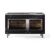 ILVE 60-Inch Nostalgie II Natural Gas Dual Fuel Range with 9 Burners, Griddle and Triple Glass Door Oven in Glossy Black with Bronze Trim (UP60FNMPBKB)