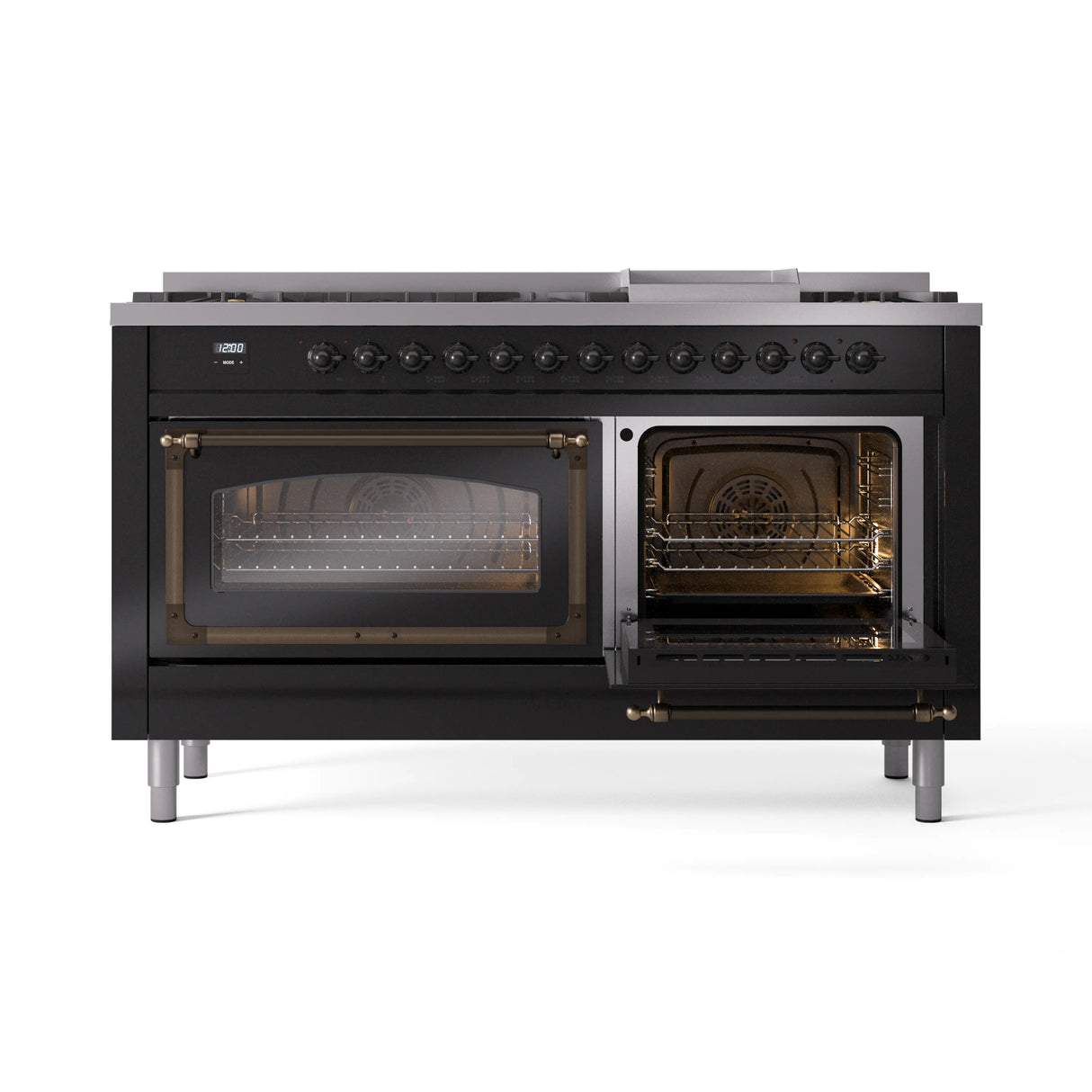 ILVE 60-Inch Nostalgie II Noblesse Propane Gas Dual Fuel Range with 9 Sealed Burners, Griddle, Triple Glass Door Oven in Glossy Black with Bronze Trim (UN60FNMPBKBLP)