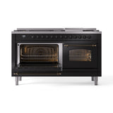 ILVE 60-Inch Nostalgie II Natural Gas Dual Fuel Range with 9 Burners, Griddle and Triple Glass Door Oven in Glossy Black with Bronze Trim (UP60FNMPBKB)