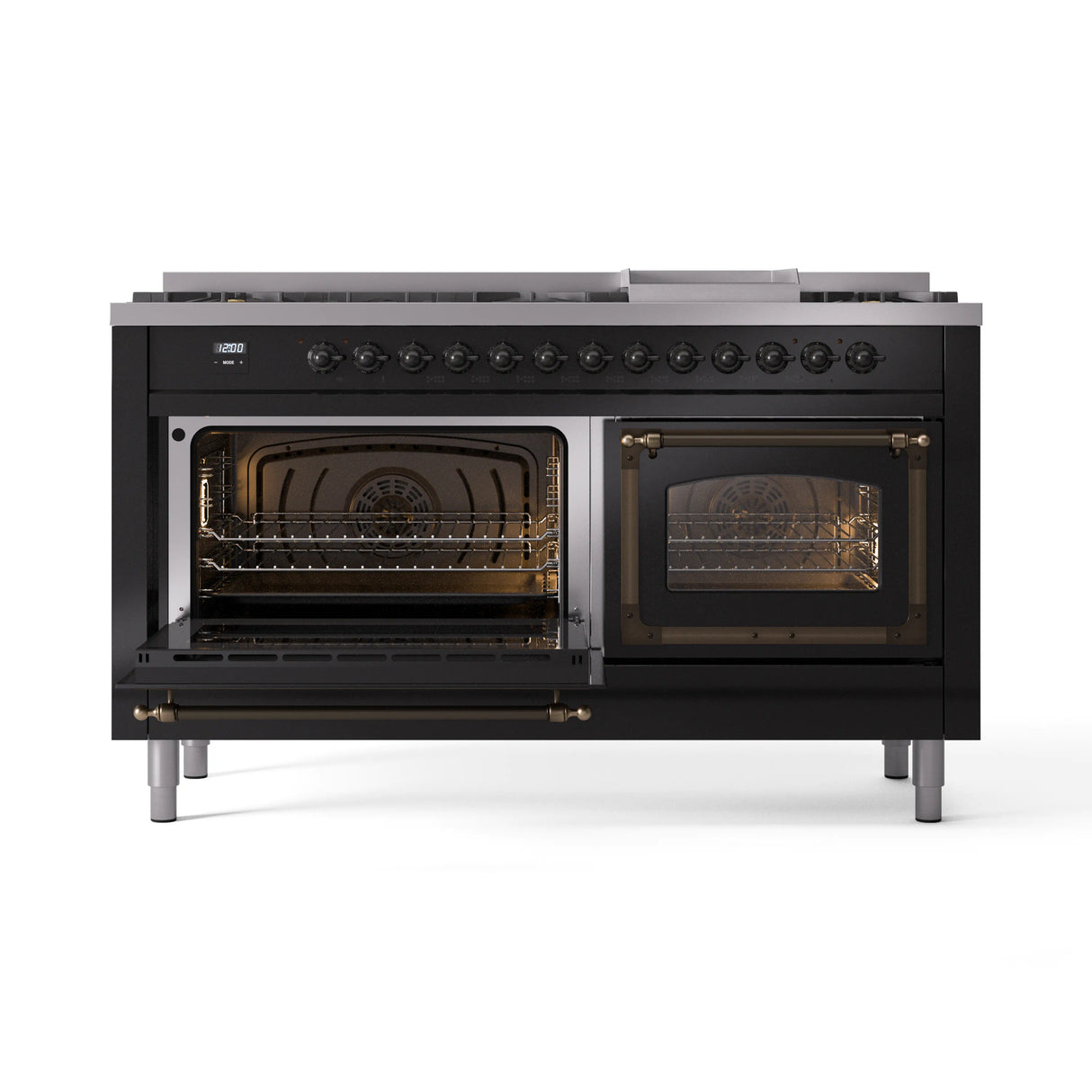 ILVE 60-Inch Nostalgie II Noblesse Natural Gas Dual Fuel Range   in Glossy Black with Bronze Trim (UN60FNMPBKB)